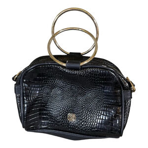 Carlos Santana Womens Handbag Black Metal Hoop Handles Snake Skin‎ Look Gold